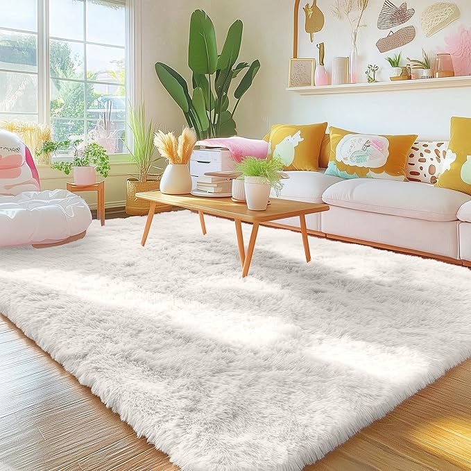 OLANLY 5x12 Machine Washable Large Area Rugs for Living Room, Bedroom, Soft Fluffy Shaggy Bedside Rug, Indoor Floor Carpet for Kids Girls and Boys, Dorms, Nursery, Home Decor Aesthetic, Ivory