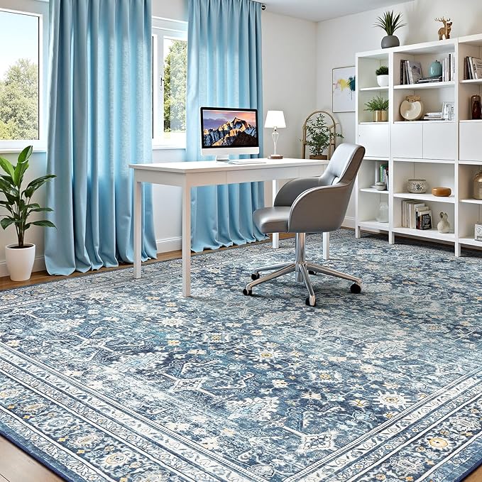 Lofus 8x10 Area Rug for Living Room,Blue Washable Area Rugs with Non-Slip Backing,Soft Boho Carpets for Bedroom Dining Room Home Office Indoor Nursery