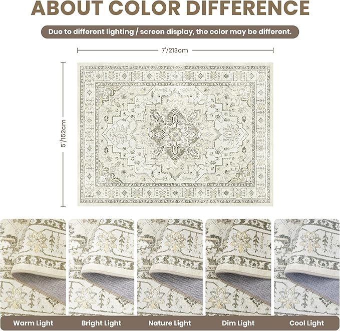 zesthome 5x7 Area Rugs, Machine Washable Rugs for Living Room, Bedroom,Stain Resistant Vintage Large Area Rug,Non-Slip Medallion Pattern Home Decor Rugs (Beige,5'x7')