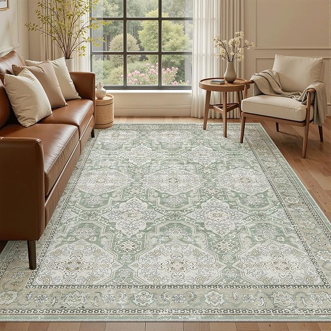 Soalmost 5x7 Area Rugs Green/Brown Low Pile Indoor Washable Trendy Faded Style Rugs for Bedroom Living Room Dining Room Foldable Non-Slip Thin Print Home Office Mat