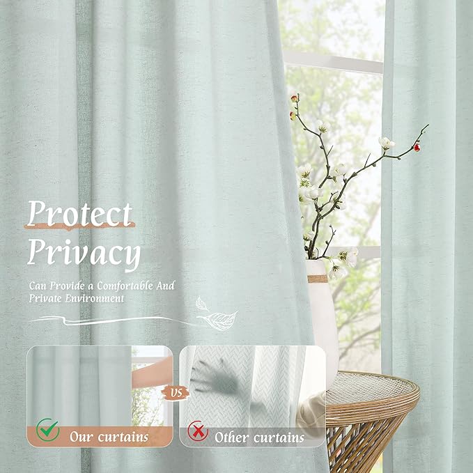 LAMIT Linen Curtains 63 Inch for Bedroom, Light Filtering Neutral Semi Sheer Window Treatment Farmhouse Curtains Rod Pocket Panels for Living Room/Dining Room, 2 Panels, 42 x 63 Inch, Light Blue
