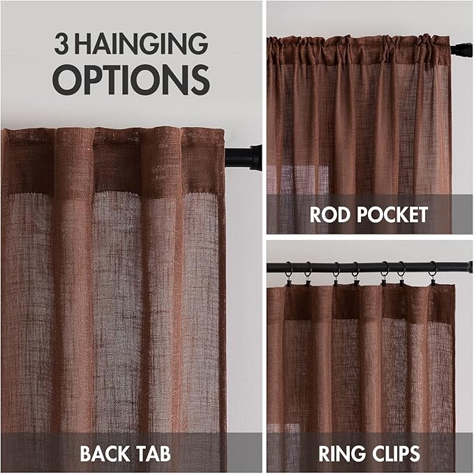MIULEE Chocolate Brown Linen Curtains 63 Inch Length 2 Panels for Bedroom Living Room, Soft Thick Linen Textured Natural Window Drapes Semi Sheer Light Filtering Back Tab Rod Pocket Burlap Look Decor
