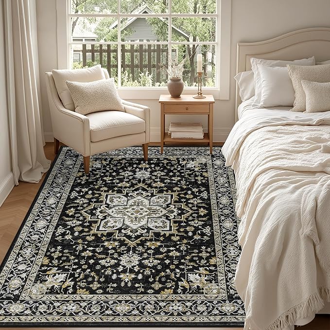 3x5 Area Rugs Living Room Rug: Washable Vintage Boho Medallion Rug No Slip Stain Resistant Soft Carpet Indoor Large Carpets for Bedroom Dining Room Farmhouse Nursery Hallway Home Office Black Gold