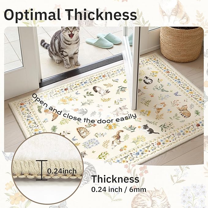 Cat 4x6 Area Rugs, Machine Washable Animal Floral Accent Rug Non-Slip Low Pile Soft Throw Rugs for Entryway Kitchen Bedside Living Room Bedroom Nursery Playroom (4 x 6,Beige)