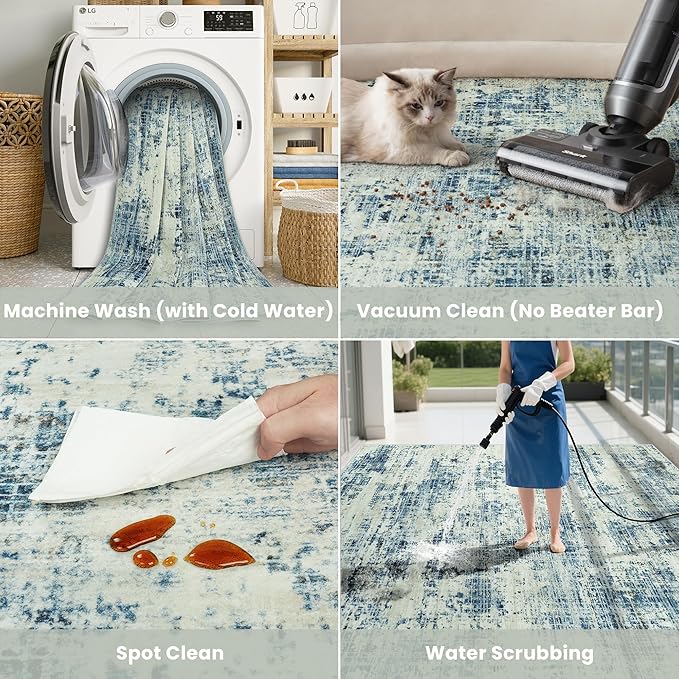 10x14 Area Rugs for Living Room Washable Rug: Anti-Skid Abstract Modern Living Room Rug Soft Thin Carpets Indoor Floor Non-Shedding Carpet for Bedroom Dining Farmhouse Nursery Blue Gray Gold