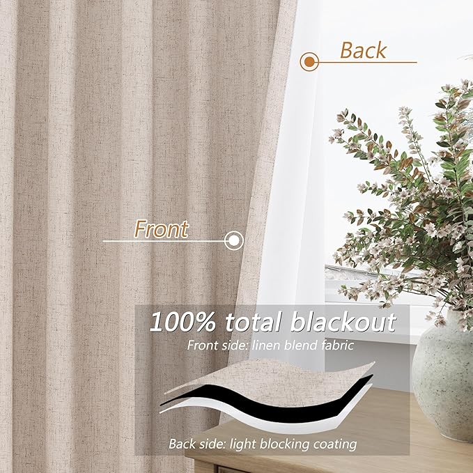 Guken Oatmeal 100% Blackout Curtains 84 Inch Length 2 Panels Set for Living Room Bedroom Back Tab Thermal Insulated Black Out Linen Drapes Room Darkening Window Curtains 84 Inches Long