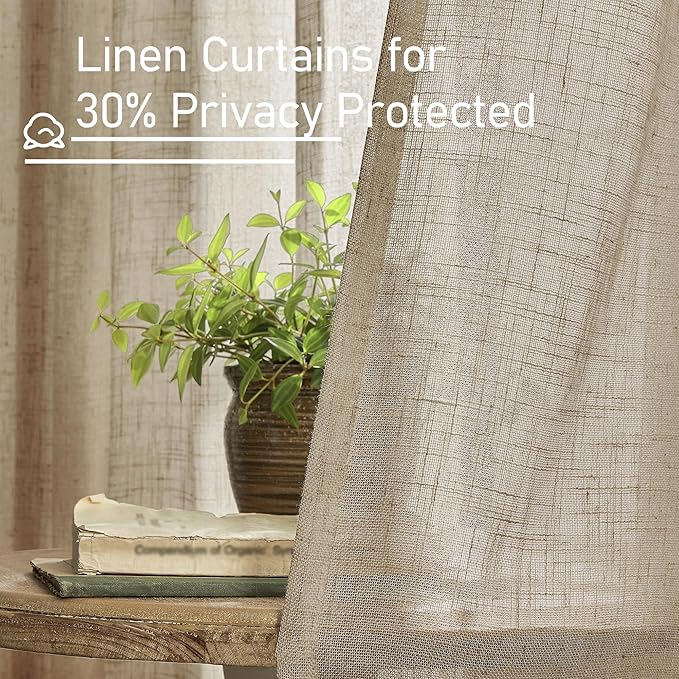 LAMIT Taupe Sheer Linen Curtains, 102 inch Light Filtering Semi Sheer Panels Back Tab and Rod Pocket Farmhouse Rust Drapes for Bedroom/Living Room, 2 Panels, 52 x 102 Inch