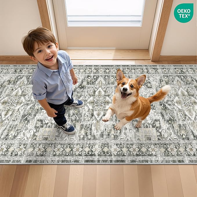 Runner Rug 2x6, Non Slip Washable Rugs for Laundry Room, Runners for Hallways, Low Pile Vintage Soft Rugs for Living Room, Kitchen Bathroom,Bedroom Rug(Grey/Beige,2'x6')