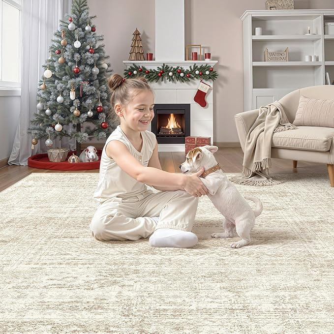 UERMEI Square Area Rugs : Washable 5x5 Neutral Modern Abstract Carpet for Living Room Bedroom - Soft Floor Mat with Non Slip Backing for Kitchen Nursery Dorms Farmhouse Home Decor - Beige/Brown