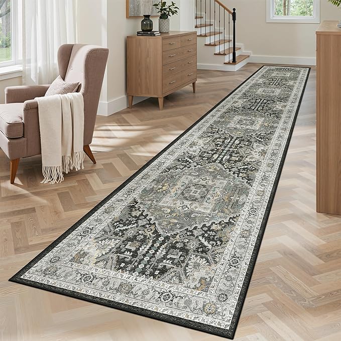 Madane Hallway Washable Runner Rug 2x10, Vintage Kitchen Rugs Soft Entryway Rug Runner Non Slip Indoor Floor Carpet for Bathroom Living Room Bedroom, Grey Green/Black Olive