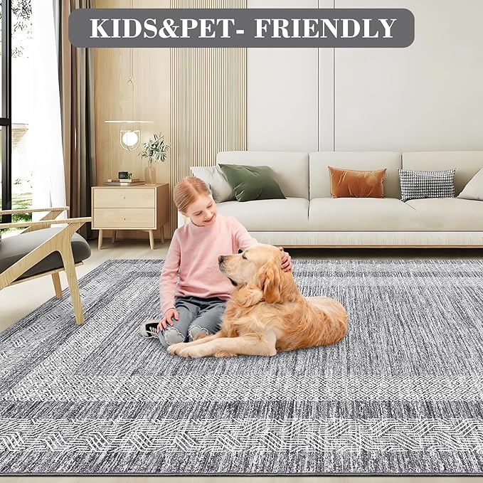 GarveeHome 10x13 Large Washable Geometric Area Rug Non Slip Non Shedding Floor Carpet, Modern Bordered Distressed Gray Indoor Printed Rug for Living Room, Bedroom, Office