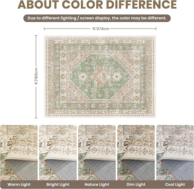 zesthome 6x9 Area Rug, Super Soft Washable Rugs for Living Room, Non-Slip Stain Resistant Vintage Rugs, Ultra-Thin Large Area Rugs (Green/Brown,6'x9')
