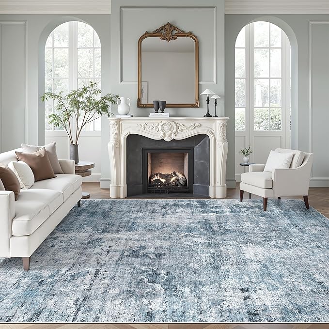 9x12 Area Rugs for Living Room, Abstract Non Slip Machine Washable Vintage Rugs, Low Pile Lightweight Large Rug for Bedroom, Dining Room, Home Office Blue
