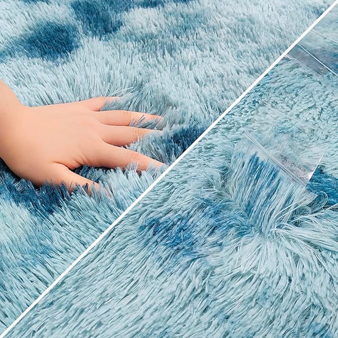 Super Soft Fluffy Living Room Area Rug 2x8 ft Tie-Dyed Light Blue Shaggy Furry Carpet Washable Non-Slip Floor Rugs Bedroom Bedside Nursery Rug Fuzzy Girls Boy Dorm Home Decor Aesthetic