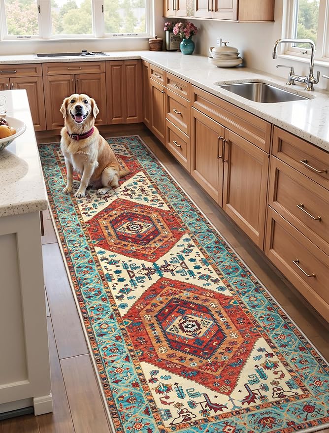 SERISSA Runner Rug for Hallways, 3x8 Washable Non Slip Kitchen Runner Rug, Long Boho Rug Vintage Orange Hallway Stair Ultra Soft Print Floor Carpet for Bedroom Bathroom Laundry Room