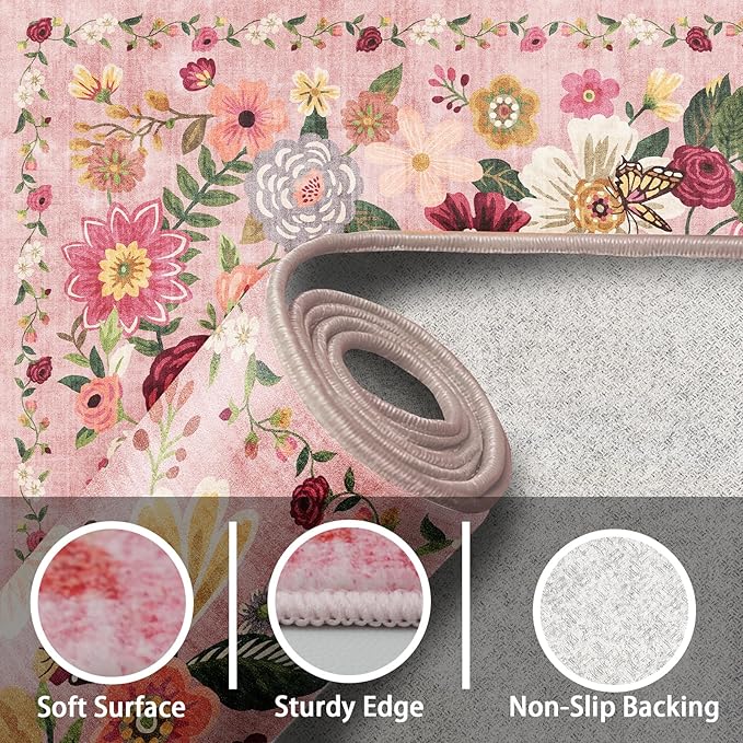 Rug for Hallways Kitchen Rug 3x7, Non Slip Washable Rugs with Rubber Backing Soft Floral Carpet Runner for Hallways, Kitchen, Laundry, Bedroom, Bathroom(3 x 7, Pink Garden)