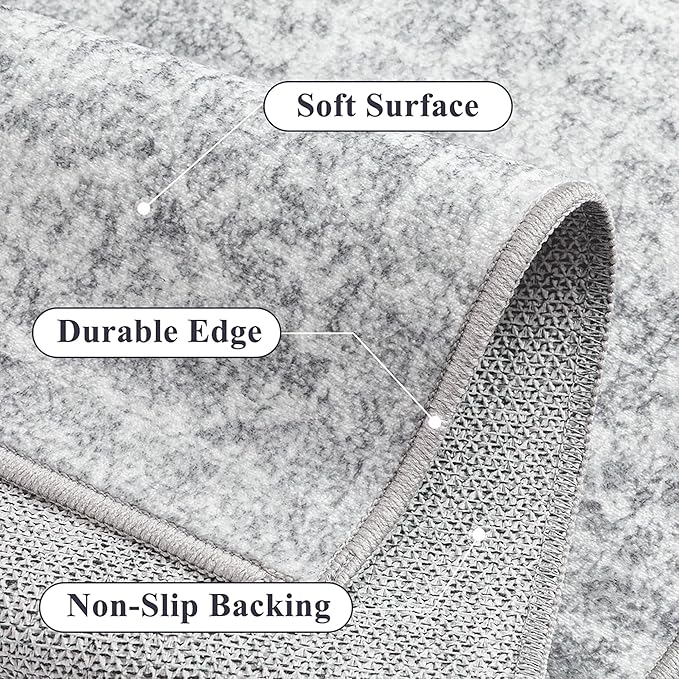 PureCozy 4x6 Area Rug Washable Vintage Entryway Living Room Carpet Indoor Office Non Slip Grey Entrance Distressed Low Pile Retro Accent Throw Rug for Dining Room Bathroom Bedroom Laundry
