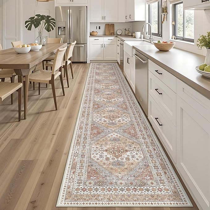 3x20 Long Runner Rug for Hallway, Non-Slip Long Kitchen Mats for Floor, Vintage Washable Rug for Entryway, Soft Hallway Runner for Dining Room, Bedroom, Living Room(Orange,3'x20')
