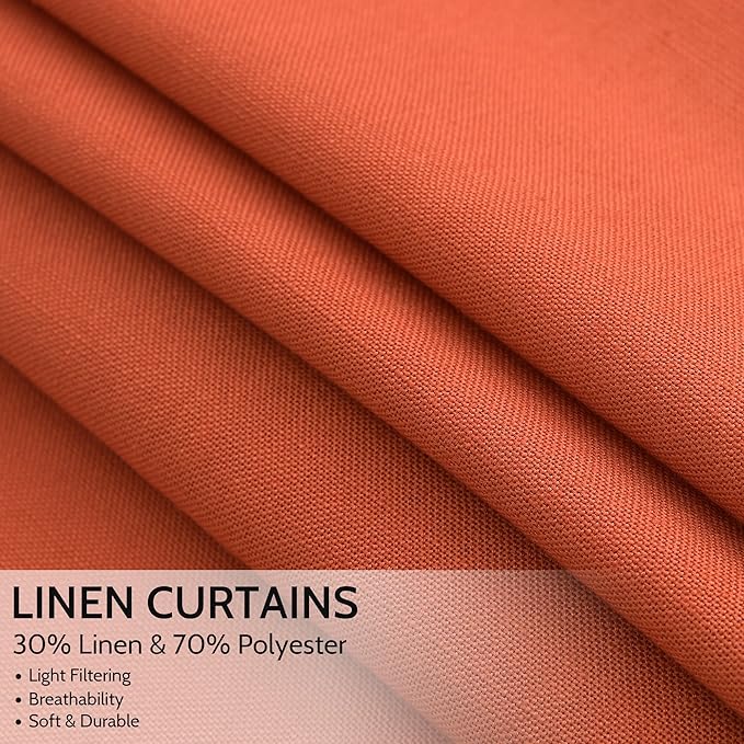 Extra Long Curtain Bright Orange Morden Linen Blend Light Filtering Back Tab Curtains for Long Winodws 120 Inches Length, Semi Sheer Privacy Drapes for Living Room, 52x120 inch, 2 Panels