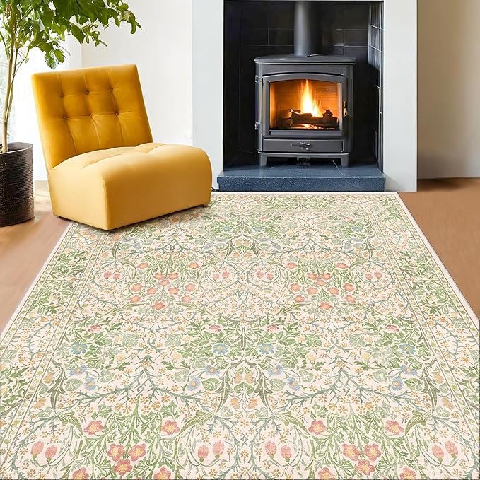 Hazo Haus Beige Green Bedroom Rug 5x7 Area Rug for Living Room, Vintage Washable Floral Rugs for Nursery, Dining Room, Light Green Non Slip Stain Resistance Distressed Retro Low Pile Floor Mat Indoor