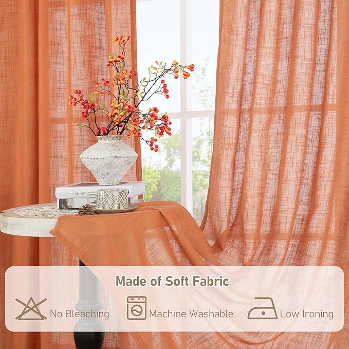 LAMIT 36 Inch Length Linen Curtains for Small Windows, Semi Sheer Light Filtering Panels Back Tab and Rod Pocket Country Decor Drapes for Basement/Kitchen, Burnt Orange, 2 Panels, 34 x 36 Inch