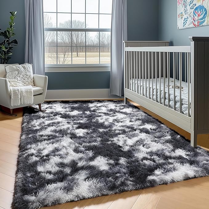ONASAR Black and White Rugs for Bedroom Living Room, Fluffy 4x6 Indoor Bedside Floor Throw Area Rug, Soft Plush Shaggy Carpet for Nursery Kids Girls Boys Teen Dorm Home Decor Aesthetic
