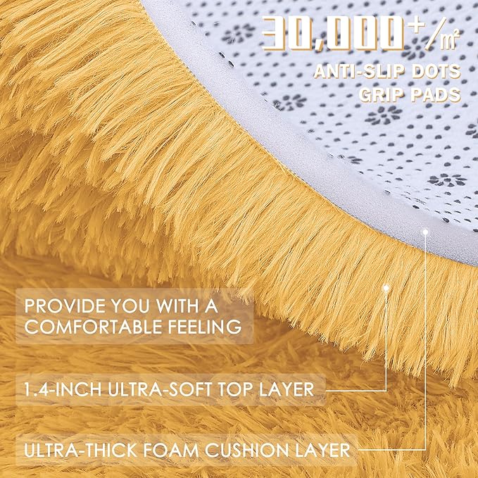 OLANLY 2x3 Machine Washable Small Bedside Rug, Soft Fluffy Shaggy Entryway Throw Rugs for Bedroom, Living Room, Indoor Floor Carpet for Kids Girls and Boys, Home Decor Aesthetic, Mustard Yellow