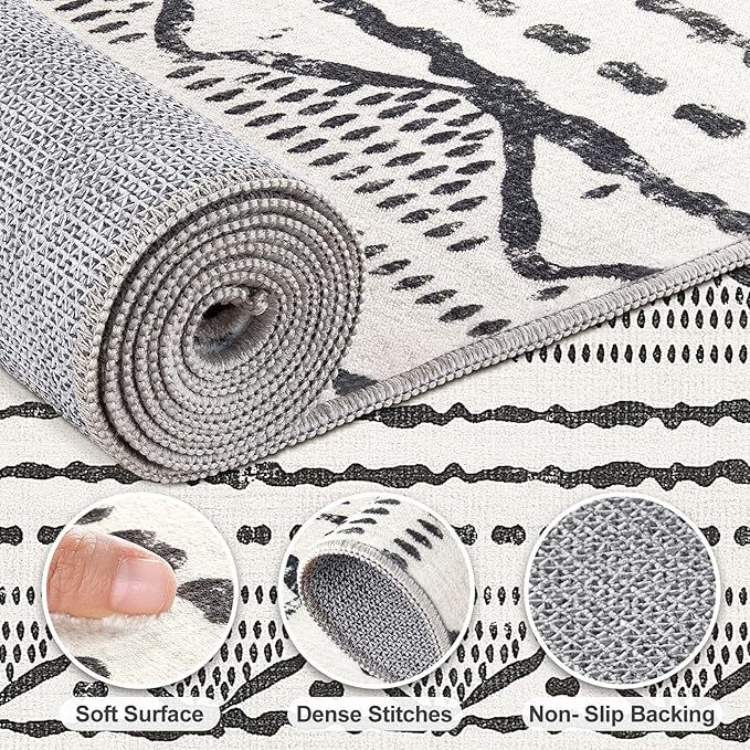 Nakagishi Black Rug for Living Room: 8x10 Washable Boho Large Neutral Soft Farmhouse Area Rugs Stain Resistant Modern Geometric Non-Slip Indoor Floor Carpet for Bedroom Playroom Office Dining Room