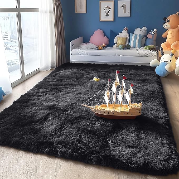 OLANLY 5x8 Machine Washable Large Area Rugs for Living Room, Bedroom, Soft Fluffy Shaggy Bedside Rug, Indoor Floor Carpet for Kids Girls and Boys, Dorms, Nursery, Home Decor Aesthetic, Black