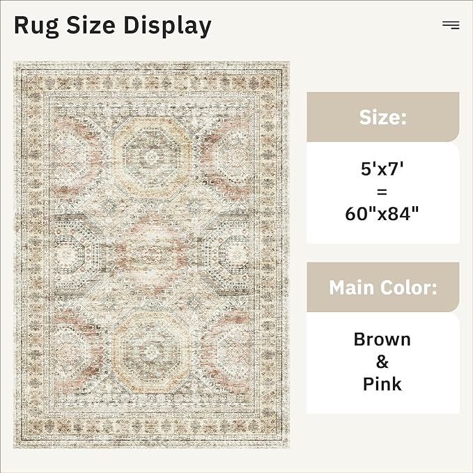 Soalmost 5x7 Area Rugs Brown Pink Low Pile Indoor Washable Trendy Faded Style Rugs for Bedroom Living Room Dining Room Foldable Non-Slip Thin Print Mat