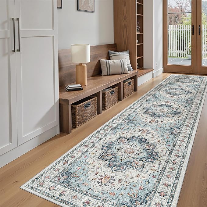 Madane Hallway Runner Rug 2'6''x12' Kitchen Runner, Non Slip Vintage Runners for Hallways Washable Kitchen Rugs Soft Low Pile 2.5x12 ft Rug Runner for Laundry Room, Entryway and Bedroom, Blue