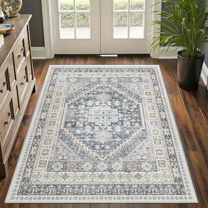 4x6 Area Rugs for Living Room, Non-Slip Backing Small Kids Rugs for Bedroom, Vintage Floral Rug Home Decor, Low Pile Soft Washable Rug for Kitchen, Dining Room (Blue/Beige,4'x6')