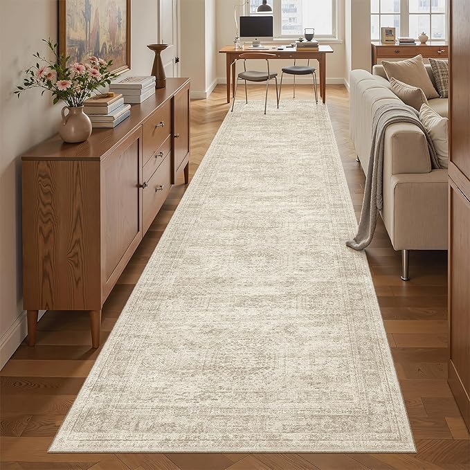 Runner Rug 2'6" x 10' Washable Non-Slip Runner Rugs for Kitchen Bathroom Laundry Room Vintage Ultra Thin Runners for Hallway Entryway Beige