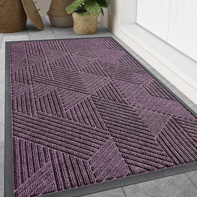 Smiry Front Door Mat Outside Entrance, Heavy Duty Sturdy Natural Rubber Doormat, Trap Dirt and Moisture, Easy Clean Low Profile Mats for Indoor Outdoor Entry, Irregular Triangle (47x32, Purple)