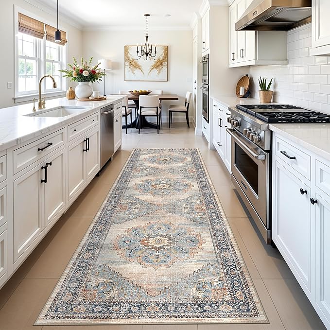 3x10 Hallway Washable Runner Rug: Kitchen Rugs Entryway Runners Soft Floor Mat Non Slip Indoor Carpet for Bathroom Living Room Bedroom (Blue, 3x10)