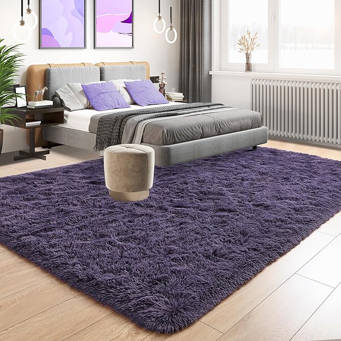 Tepook Super Soft Fluffy Rug for Bedroom, Modern Shaggy Fuzzy Kids Rugs for Living Room, Plush Indoor Nursery Home Decor Dorm Carpet with Non-Slip Bottom, Gray Purple, 5 X 8 Feet