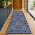 Hazo Haus Non Slip 2x10 Dark Blue Hallway Runner - 10ft Long Runner Rugs, Washable Kitchen Floor Mat - Vintage Navy Floral Design Décor