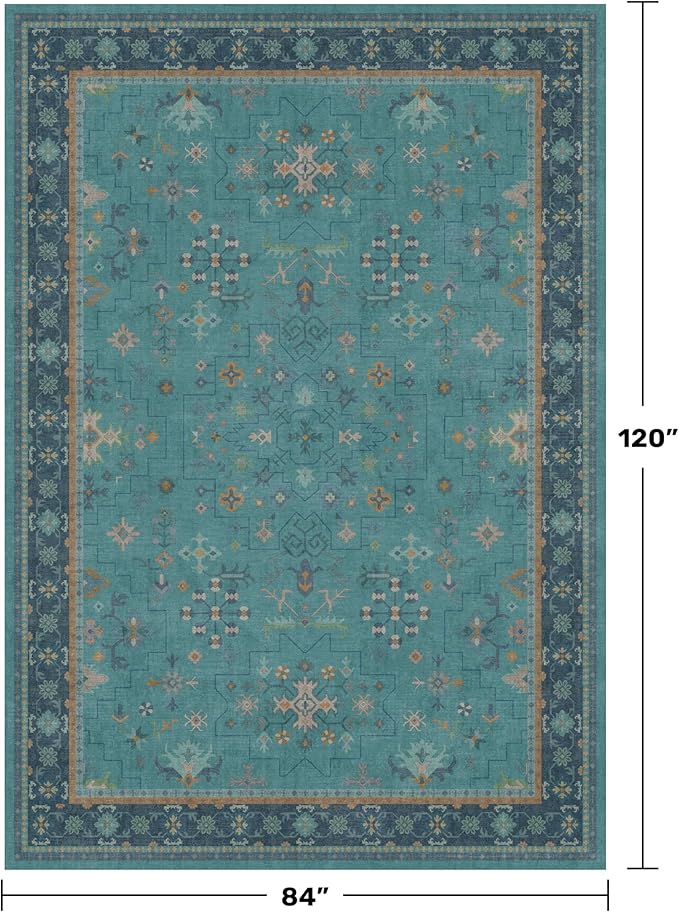 Teal 7x10 Large Rug for Living Room, Washable Soft Area Rugs for Bedroom Under Bed, Dining Room, Floral Pattern Vintage Turquoise Décor Indoor, Non Slip Low Pile & Soft Carpet