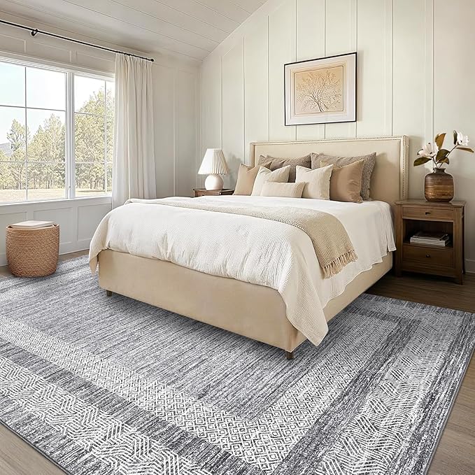 GarveeHome 9x12 Large Modern Gray Area Rug Distressed Bordered Rug Soft Non Shedding Floor Carpet, Geometric Rug, Washable Non Slip Rug, Low Pile Indoor Area Rug for Living Room, Bedroom