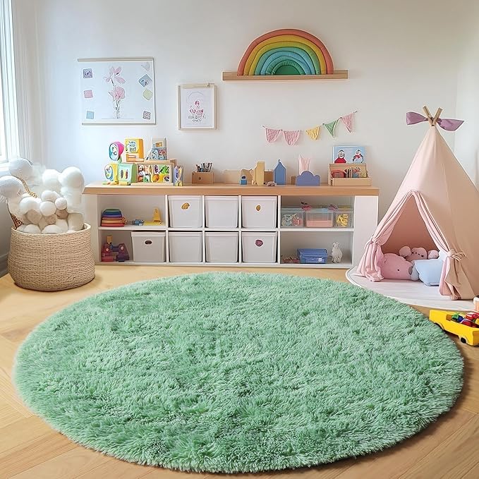 ONASAR Sage Green Round Area Rugs 5ft, Fluffy Soft Bedroom Circle Rug for Kids Girls Boys Teen Room, Cute Furry Plush Shaggy Carpet Floor Mat for Nursery Living Room Playroom Dorm Home Decor