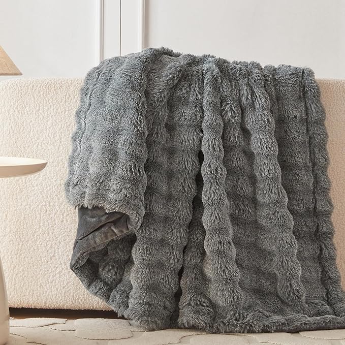 COOVA Faux Fur Throw Blanket for Couch, Cozy Soft and Fuzzy Plush Rabbit Fur Bubble Blanket for Sofa Bedroom Living Room, 50x60 Inches Cationic Light Grey