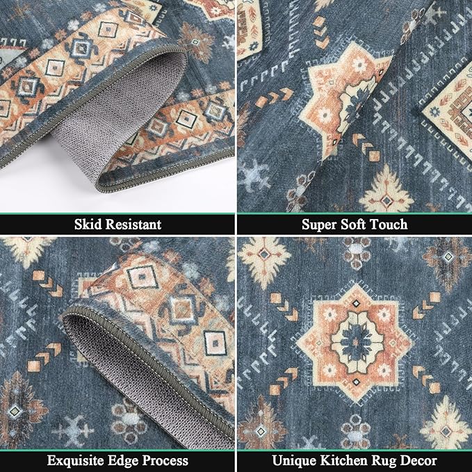 HEBE Boho Kitchen Rug Sets 3 Piece with Runner Non Slip Kitchen Rugs and Mats Washable Kitchen Mats for Floor Thick Kitchen Floor Mat Carpet Runner Rugs for Hallway Laundry Holiday Decor