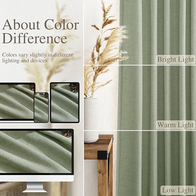 Sheer Light Sage Linen Curtains 72 Inch Length for Living Room Lightweight Door Drapes 2 Panels Set for Kids Bedroom Light Filtering Back Tab Rod Pocket Curtain for Kitchen Protect Privacy 52x72.