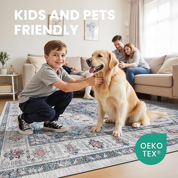 zesthome Washable Rug 5x7 Area Rugs,Stain Resistant Rugs for Living Room,Bedroom,Non-Slip Backing Home Decor Rug, Vintage Medallion Pattern Rugs (Blue,5'x7')