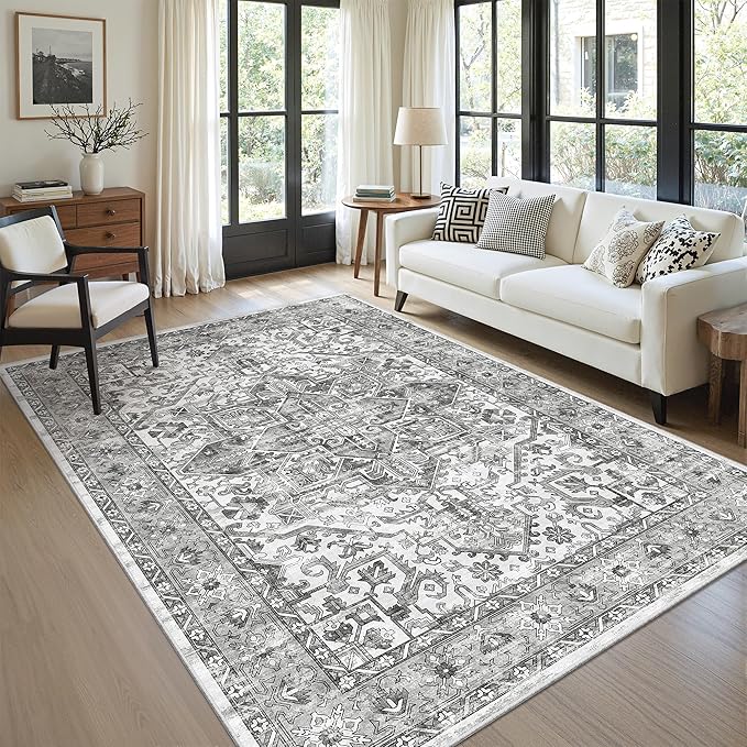 zesthome 6x9 Area Rug, Super Soft Washable Rugs for Living Room, Non-Slip Stain Resistant Vintage Rugs, Ultra-Thin Large Area Rugs (Grey/White,6'x9')
