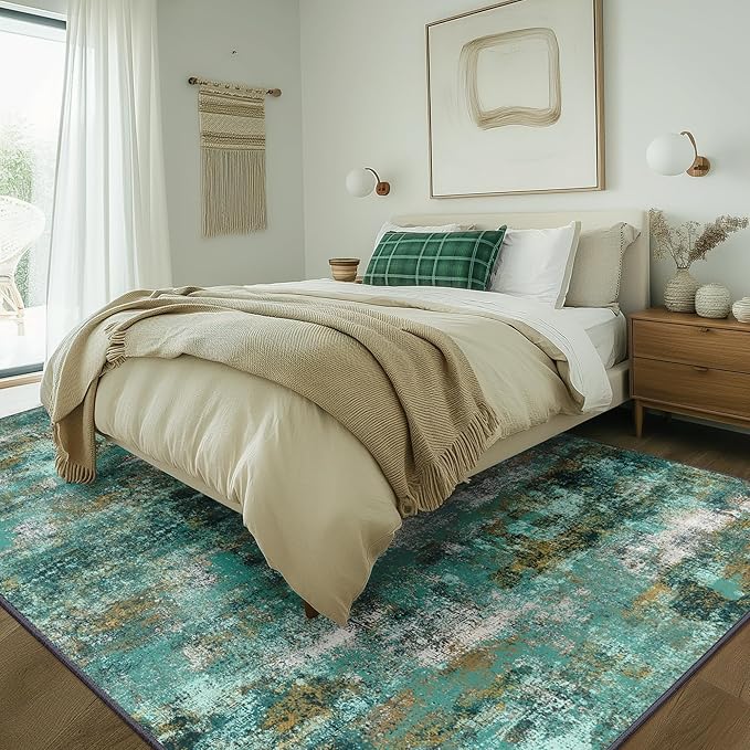 BEIMO Machine Washable Rug 8x10 Area Rugs for Living Room Bedroom, Large Turquoise Abstract Area Rug Soft Throw Rugs, Low-Pile Floor Carpet with Non Slip Rubber Backing