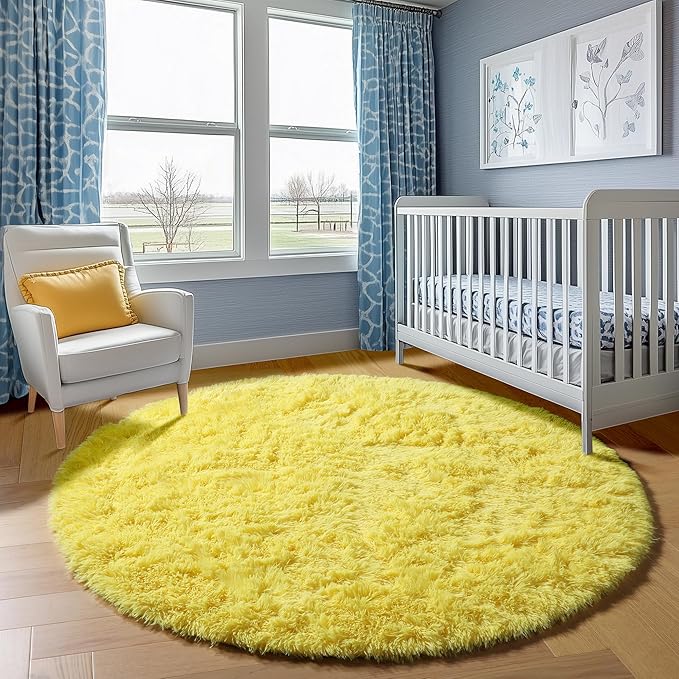 ONASAR Yellow Round Area Rugs 4ft for Bedroom Living Room, Fluffy Circle Rug for Kids Girls Boys Teen, Soft Plush Shaggy Carpet for Nursery Dorm Classroom Playroom Home Decor Aesthetic