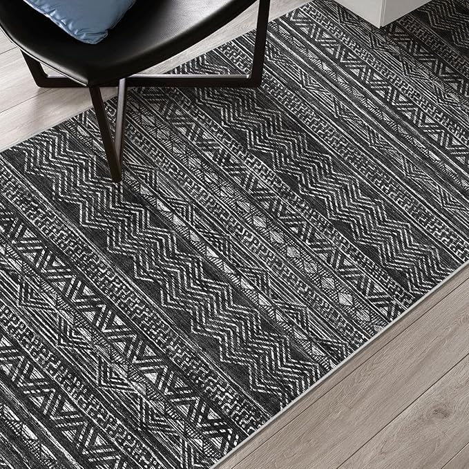 3x7 Washable Hallway Runner Rug - Moroccan Non-Slip Indoor Table Long Runners for Entryway Soft Low-Pile Neutral Rugs for Kitchen Waterproof Geometric Carpet for Bedroom Bathroom Laundry 3x7 Black