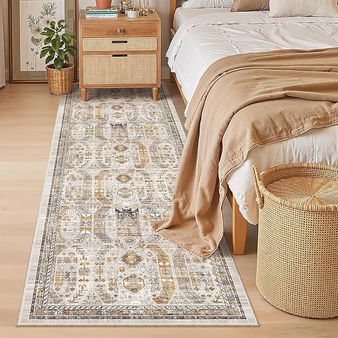 Madane Hallway Runner 3x8, Kitchen Rugs Washable Entryway Rug Vintage Kitchen Runners Non Slip Indoor Area Rug Farmhouse Carpet Runner for Bathroom Living Room Bedroom (3 X 8, Brown/Gold)