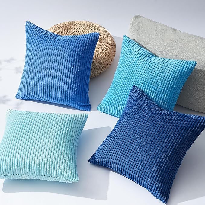 Topfinel Blue Decorative Throw Pillow Covers 16x16 Inch Set of 4,Soft Accent Corduroy Striped Gradient Color Small Cushion Cover for Beach,Patio,Balcony,Couch Living Room,Summer Home Decor